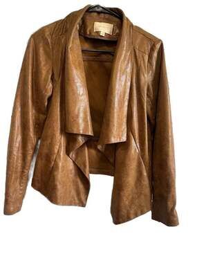 Skies Are Blue Brown Faux Leather Drape Front Jacket XS